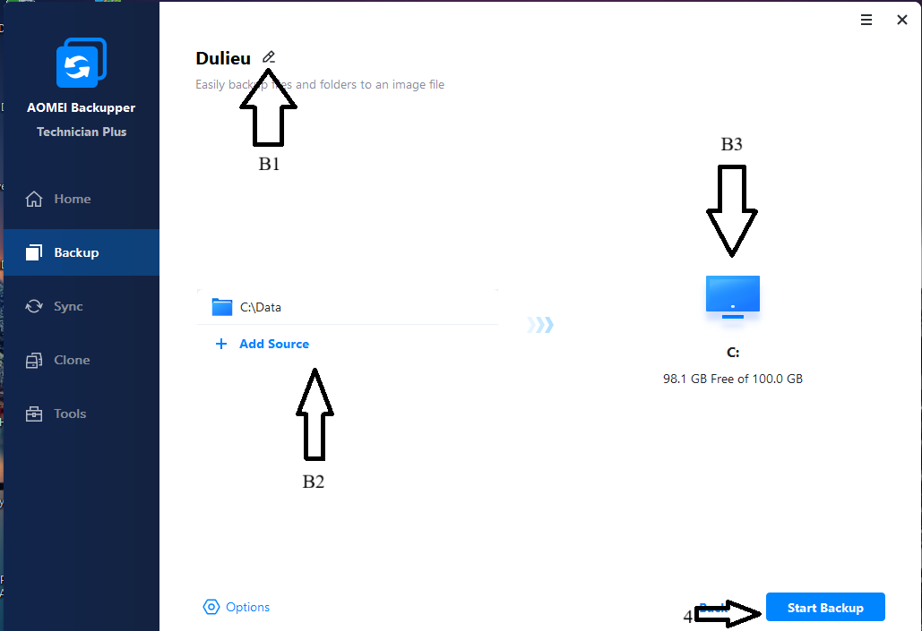 Chọn Option và nhấn backup
